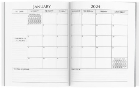 Month at-a-glance with two-page spread monthly views