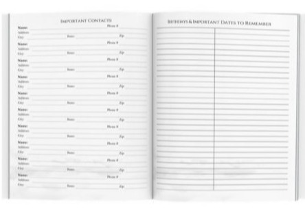 Contacts pages plus important dates page