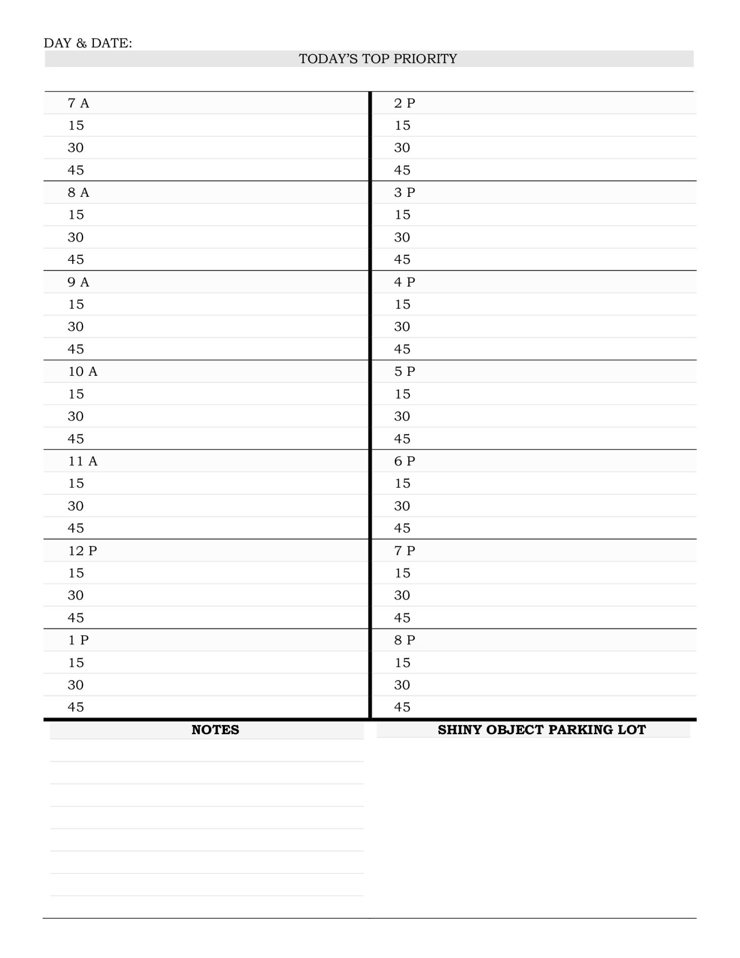 180 Undated 15-Minute Hourly Planning Pages With Shiny Object Parking Lot (Because… You Know)
